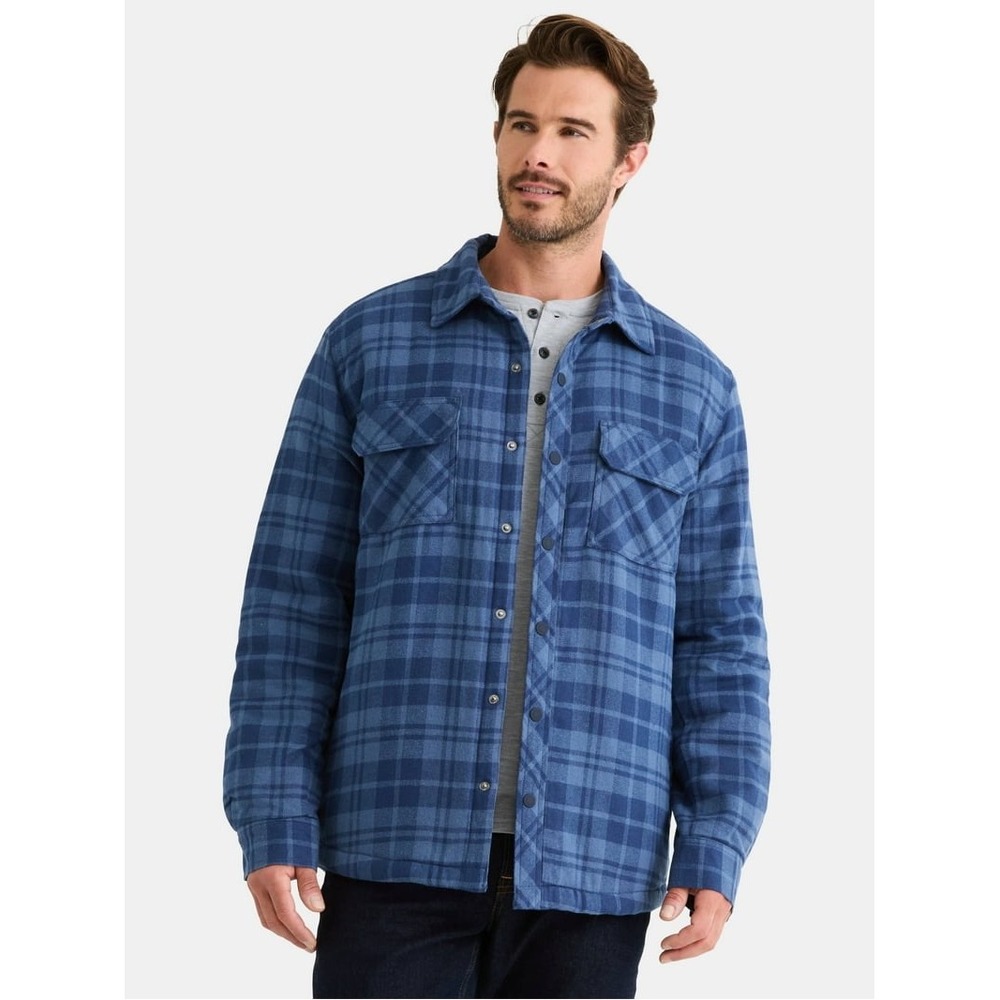 George Mens Blue Plaid Quilted Flannel Shirt Jacket Fleece Lined Shacket 3XL